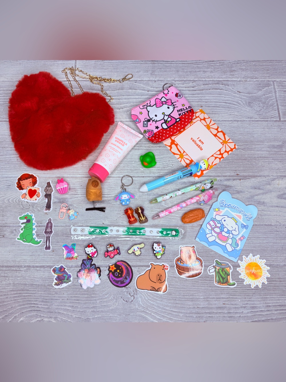 Sanrio hello kitty fuzzy heart purse bundle pens , more pad , keychain ,stickers
